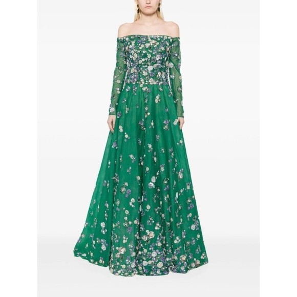 Saiid Kobeisy Tulle Beaded Dress With Off-Shoulder Sleeves - NWT